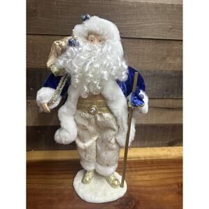 VTG Victorian Christmas Blue Santa Table Top Figurine Fur Trim 19”